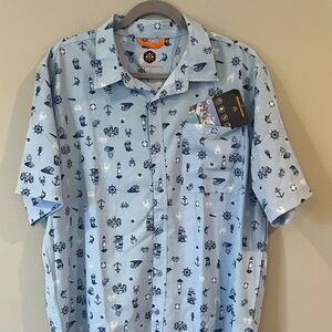 UPF 50 Quick Dry Shirt Mens Size L Blue Tropical Theme Stretch Button Up Beach